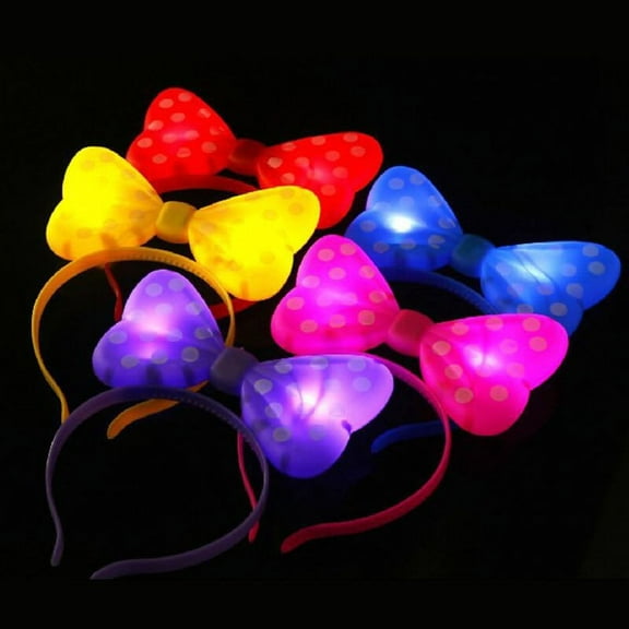 LED Lights Polka Dot Bow Headband Plastic Light up Blinking Rave Ribbon Hairband , Assorted - 8 Pack