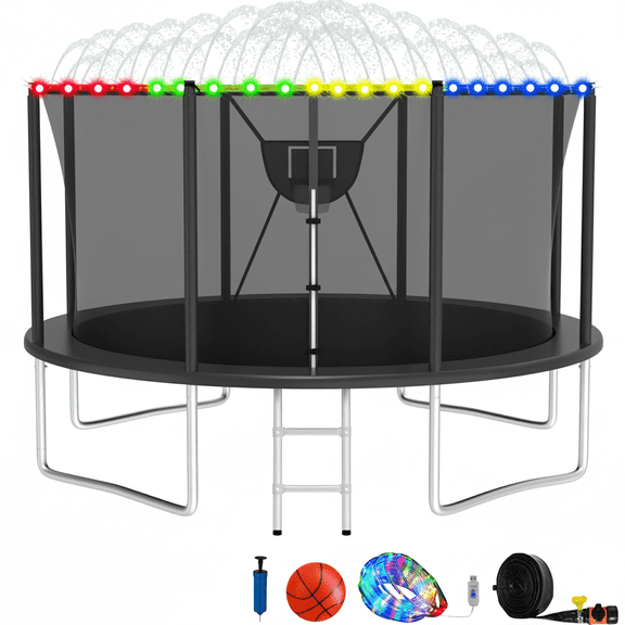 Elitezip 12FT Trampoline, Trampolines with Basketball Hoop for Kids, 1200LBS Trampolines with Enclosure Net, Light, Sprinkler, Ladder, Backyard Recreational Trampoline, Galvanized Anti-Rust Coating