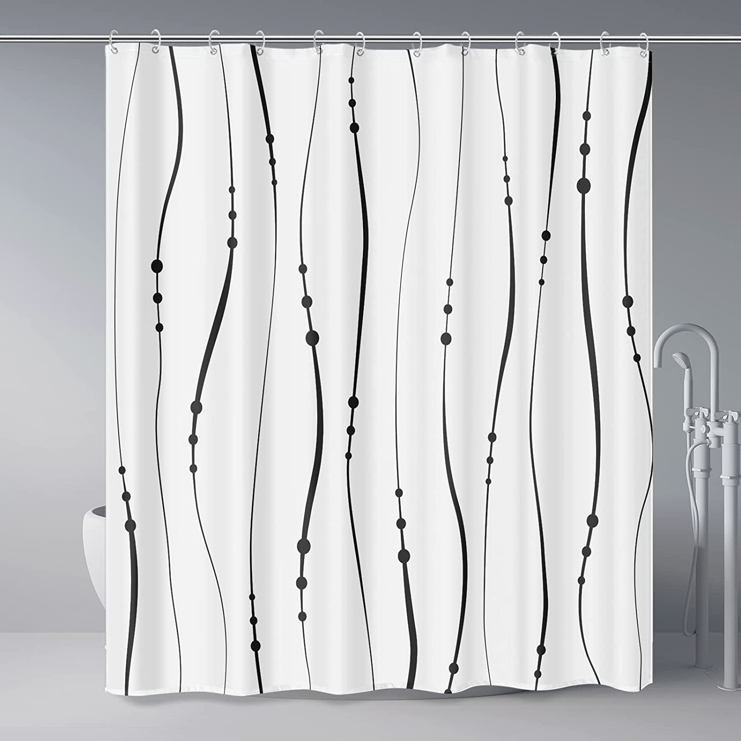Black and White Striped Fabric Shower Curtain for Bathroom with Hooks ...