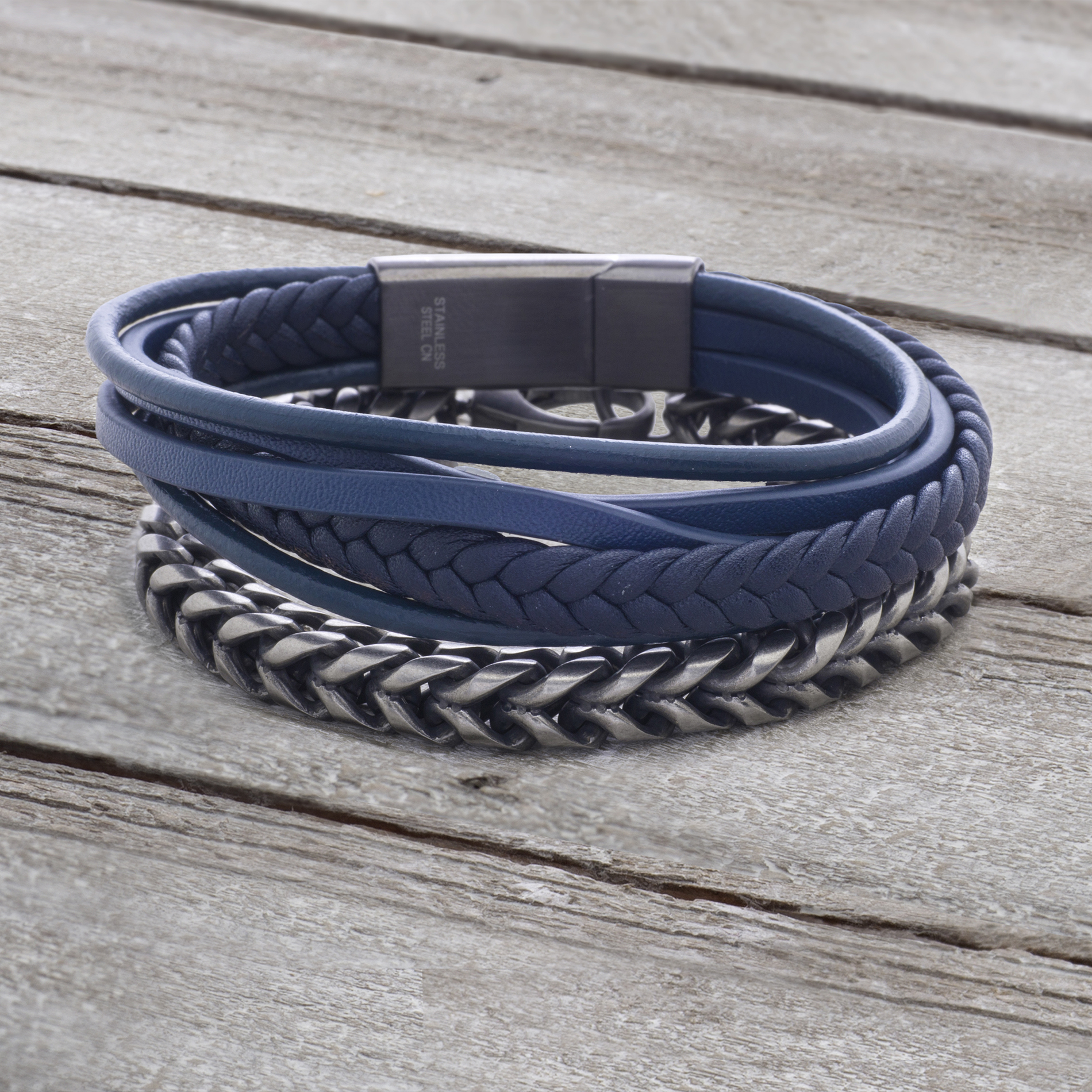 Mens Two Tone Curb Chain and Braided Leather Duo Bracelet Set