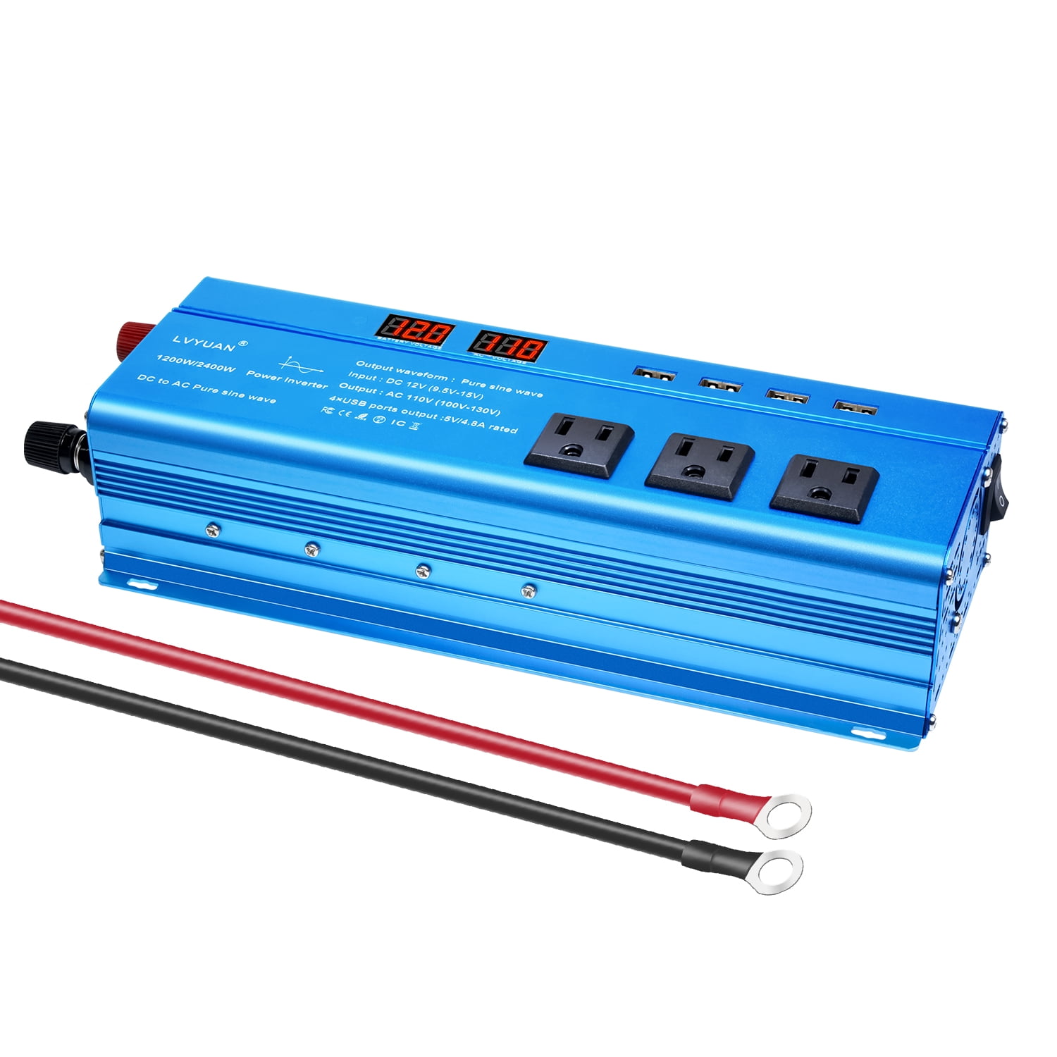 LVYUAN 1200W 2400W Peak Pure Sine Wave Power Inverter 12V to 110V DC to AC Converter with LED Display, 3 US Outlets, 4 USB, Ideal for Vehicles, RVs, Outdoor & Home Use