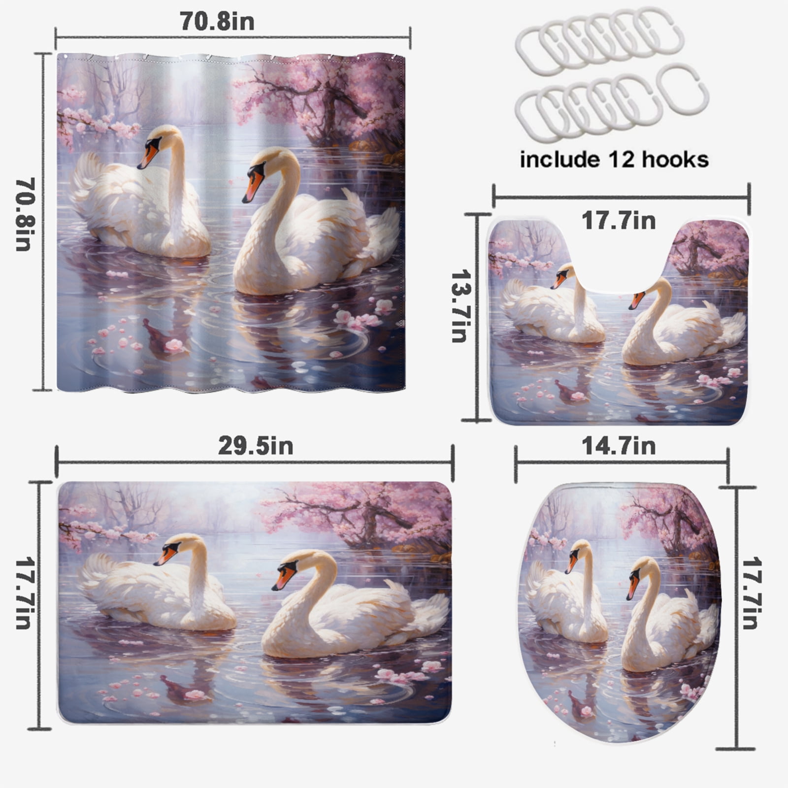 Swan Shower Curtain Set with Rugs Watercolor Spring Cherry Blossoms Dreamy Lake Romantic with Toilet Lid Cover, Bath Mat, Shower Curtains for Bathroom Rug Set, 72x72 Inch