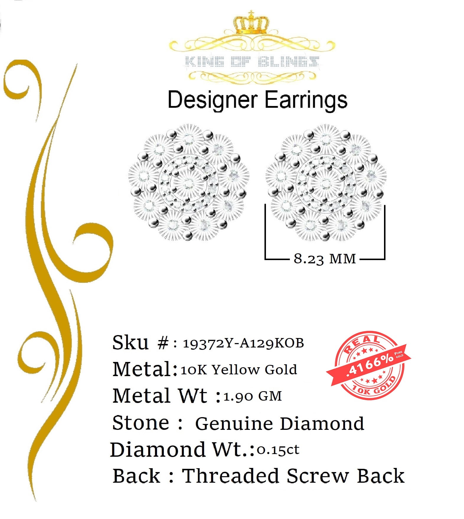 King of Bling's 10K Real Yellow Gold Real Diamond 0.15CT Men's/Women's Round Stud Micro Earring