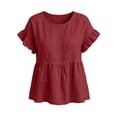 thumbnail image 4 of hoksml Women's Cotton Linen Ruffle Sleeve Peplum Blouse, Round Neck Casual Babydoll Top, Loose Fit Summer Daily Office Wear Shirt, 4 of 7