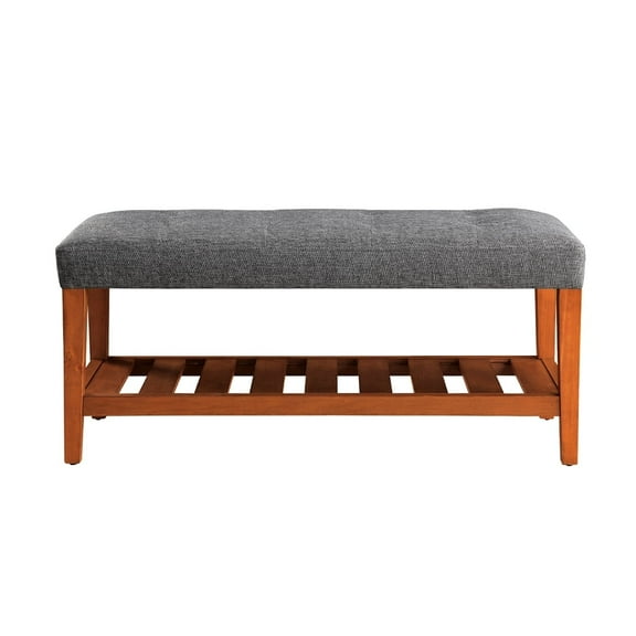 Xukmct Fabric Upholstered Bench with Open Storage Shelf, Perfect for Living Room, Bedroom, Gray Brown