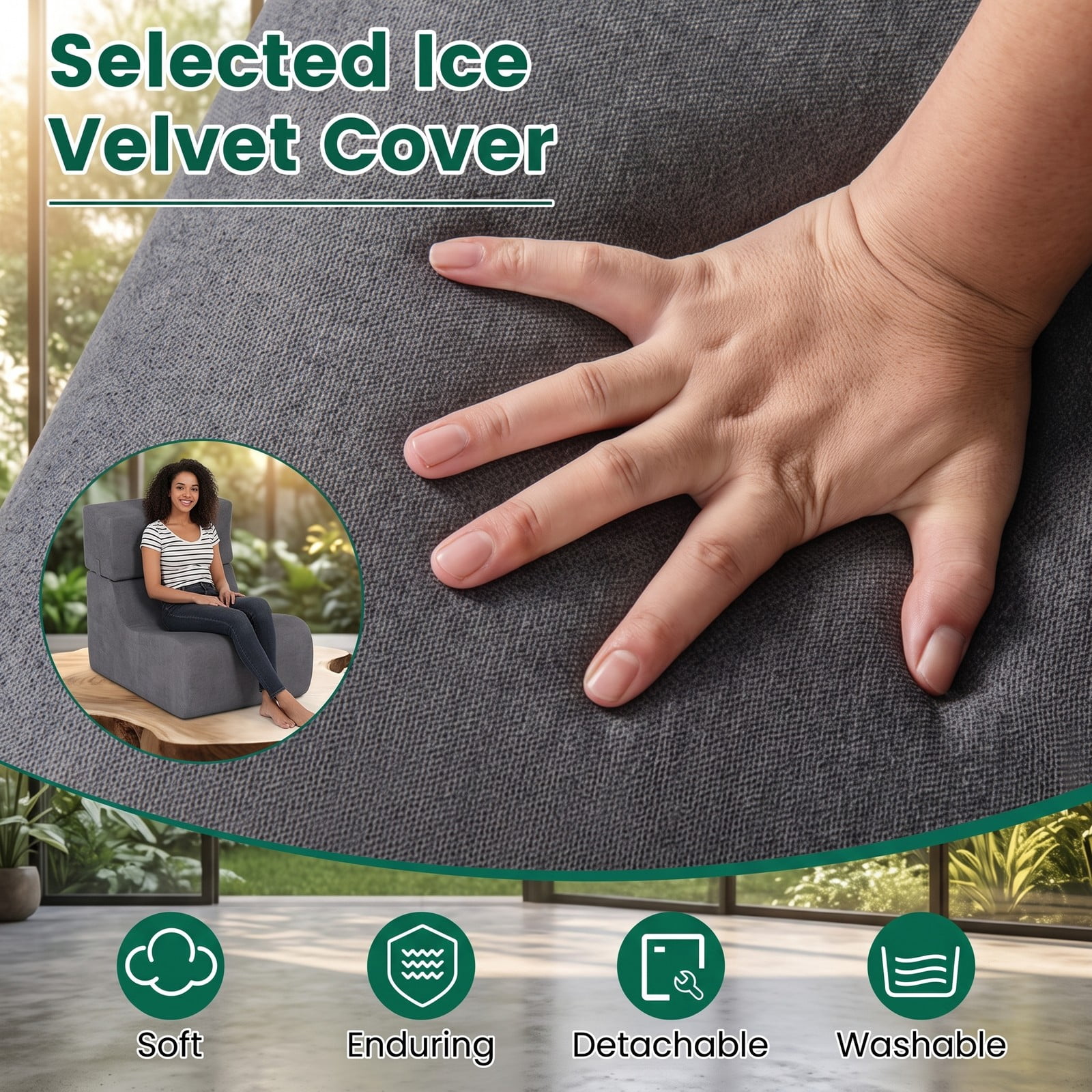Furnibear Floor Chair Lazy Sofa with Detachable Headrest, Adjustable Padded Floor Gaming Sofa Chair, Foldable Ice Velvet Meditation Reading Seat for Living Room, Gray