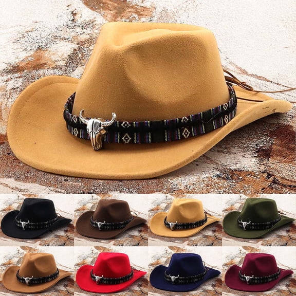 Straw Cowboy Hat Mens - Western Cowboy Style Hat Jazz Bowler Hat Cow Head Decoration Ethnic Style Hat,Brown,M