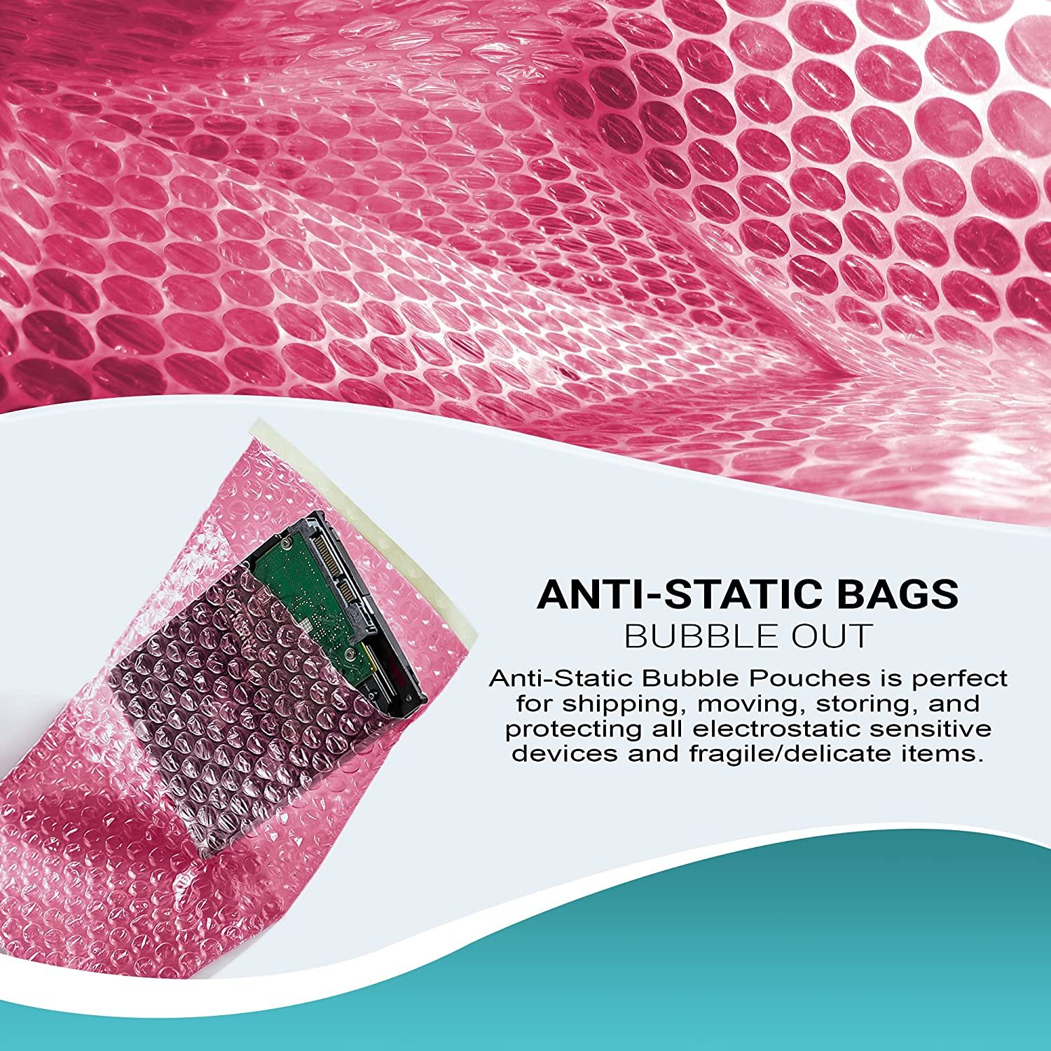 APQ Anti-Static Bubble Out Bags 8 x 15.5 Inch, Pack of 25 Pink Self Seal Bubble Pouches, Waterproof PE Anti Static Bubble Bags for Packing Electronics, Ornaments, Cushioning Sturdy Double Bubble Bag
