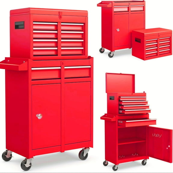 POWANLI Detachable 5-Drawer Rolling Tool Chest with Bottom Cabinet and One Adjustable Shelf/Locking System for Garage Workshop Warehouse Repair Shop