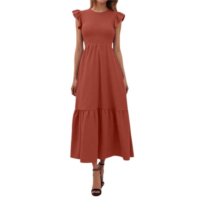 Vestido largo con mangas con volantes y pliegues para mujer - Extralargo informal con bolsillos