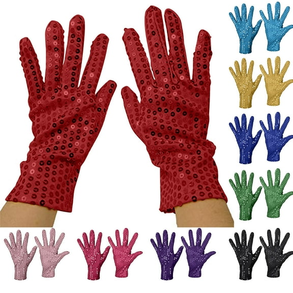 Lovzfmll Women's Sequin Stage Gloves, Night Club Dance Gloves, Performance Costume Accessories, Long Evening Wear for Performers, Red