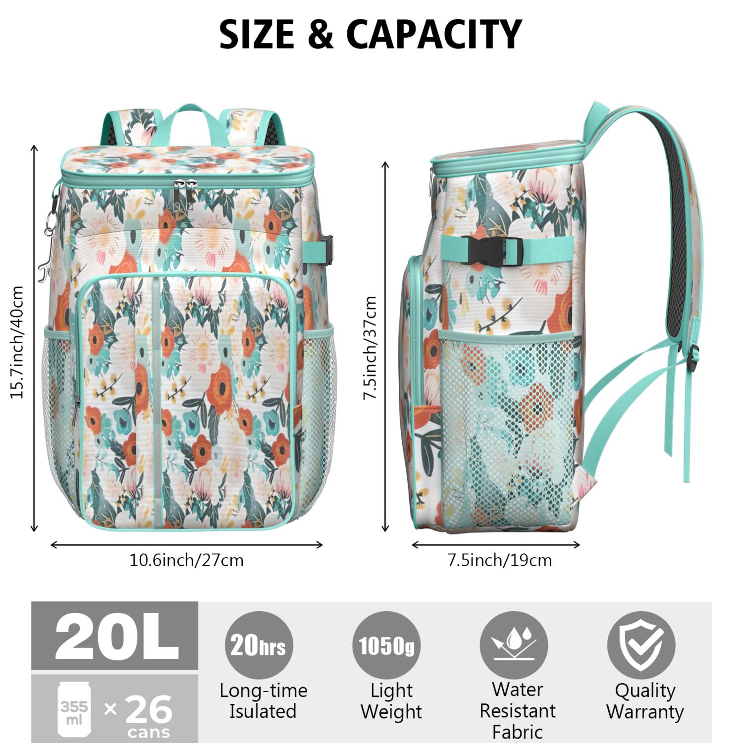 Travel Cooler Bag - Pioneer Flower Floral Print Pattern Camping Beer Cooler Backpack with Bottle Opener- Waterproof Insulated Picnic Backpacks - Cooler Bag for Beach