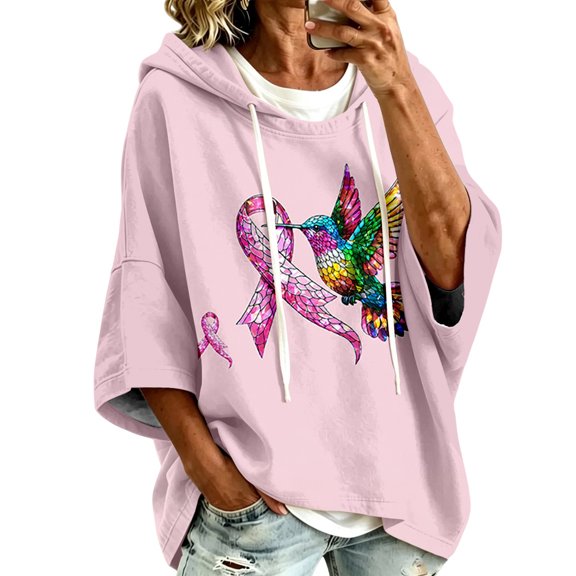 Cancer Awareness Hoodies Women Hooded Pink Ribbon Sweatshirt | Batwing 3/4 Sleeve, Oversized, Pullover, Cute Pattern, Fall Comfort, We Wear Pink in October, Sweat Shirts, Ladies Sweaters