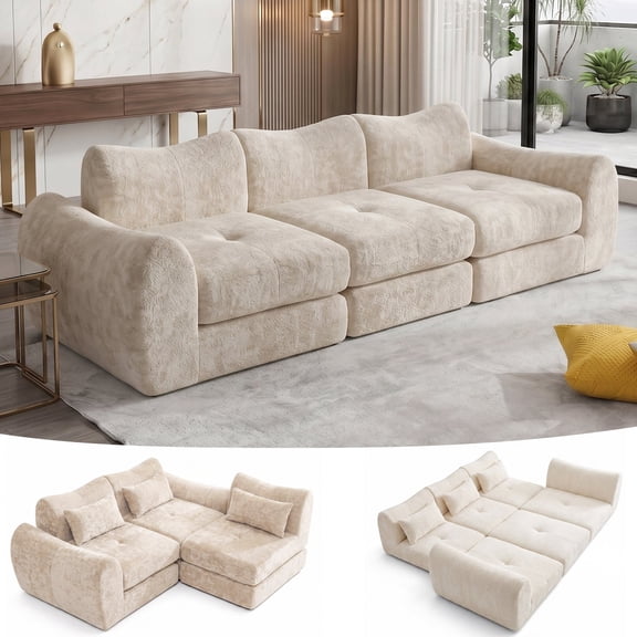 102in Sectional Sofa for Living Room, Convertible Cloud Sofa Bed Sleeper, No Assembly Needed, Beige
