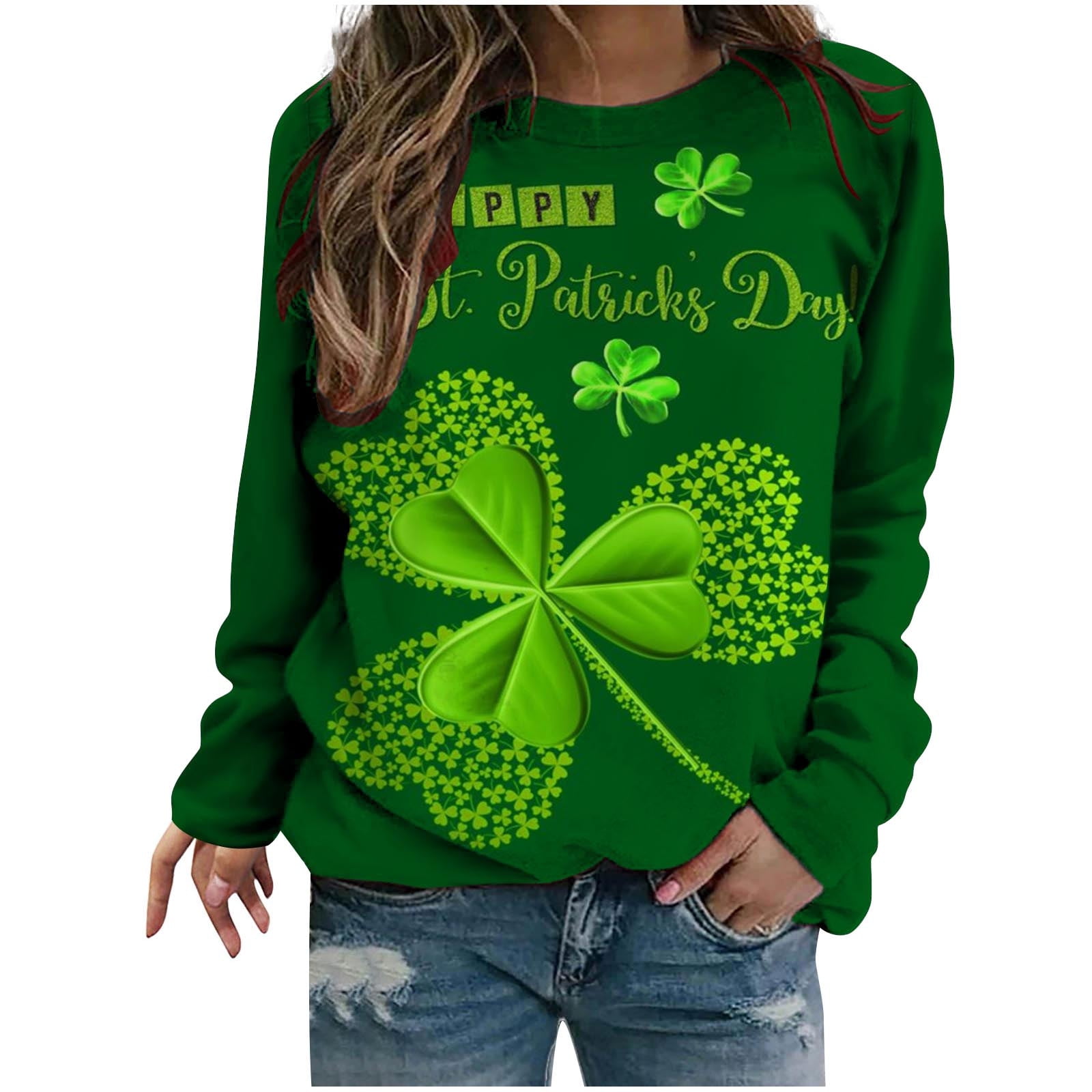 Womens St. Patricks Day Clover Sweatshirt Long Sleeve Irish Shamrock ...