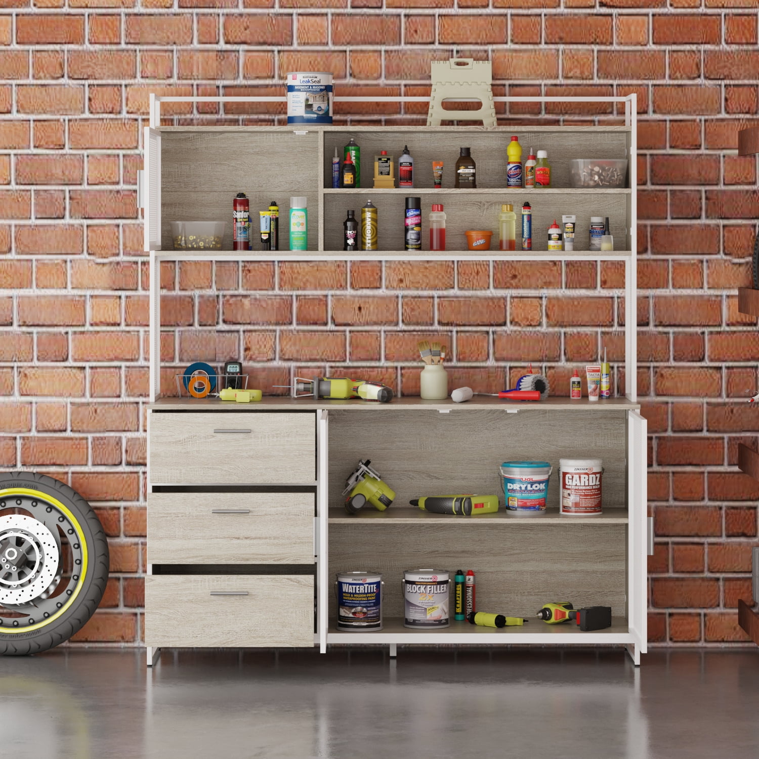 DiDuGo Garage with 3 Drawers and Metal Mesh Door, Industrial