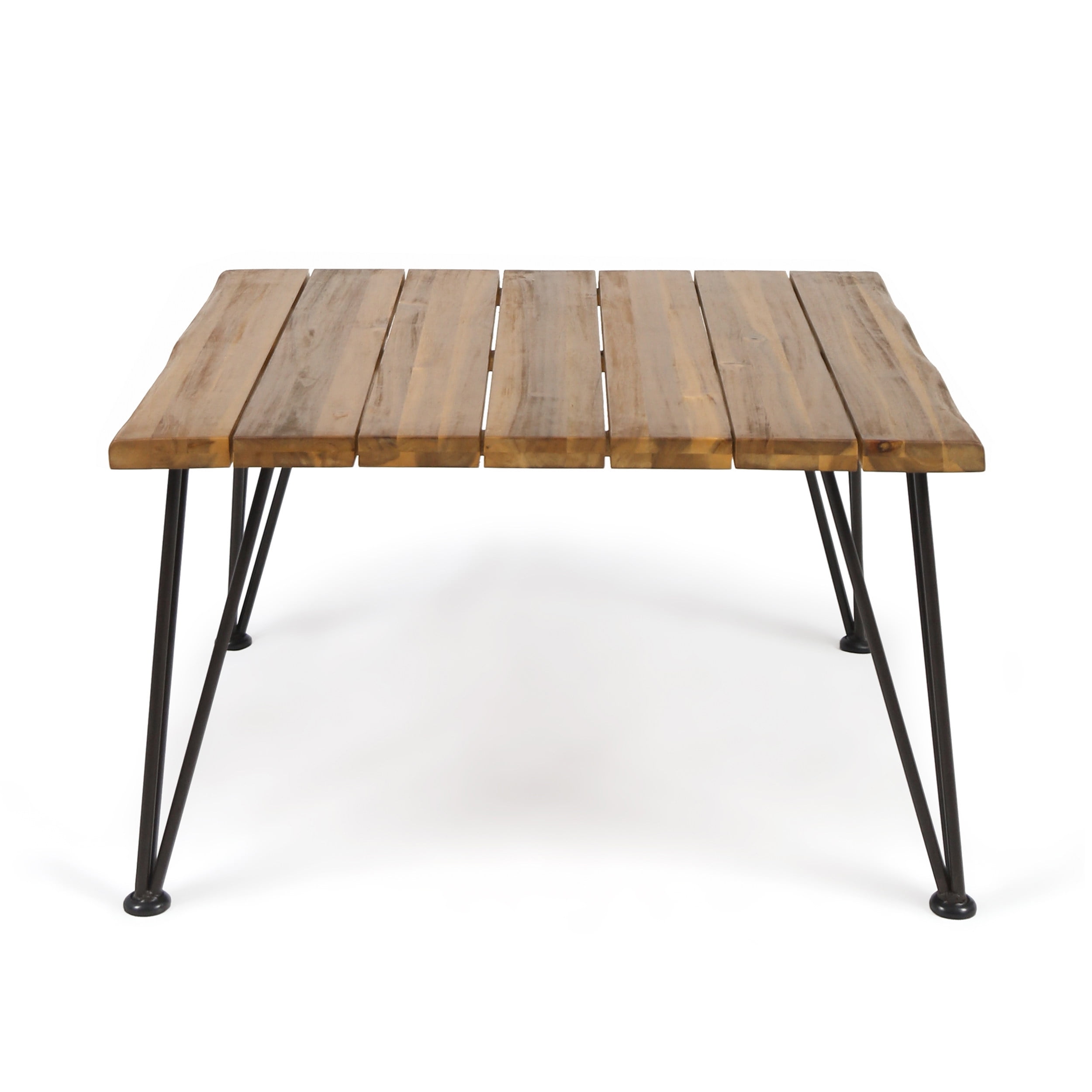 Outdoor Industrial Style Coffee Table, Wood and Metal Combined Leisure Table for Patio Garden, Teak and Black
