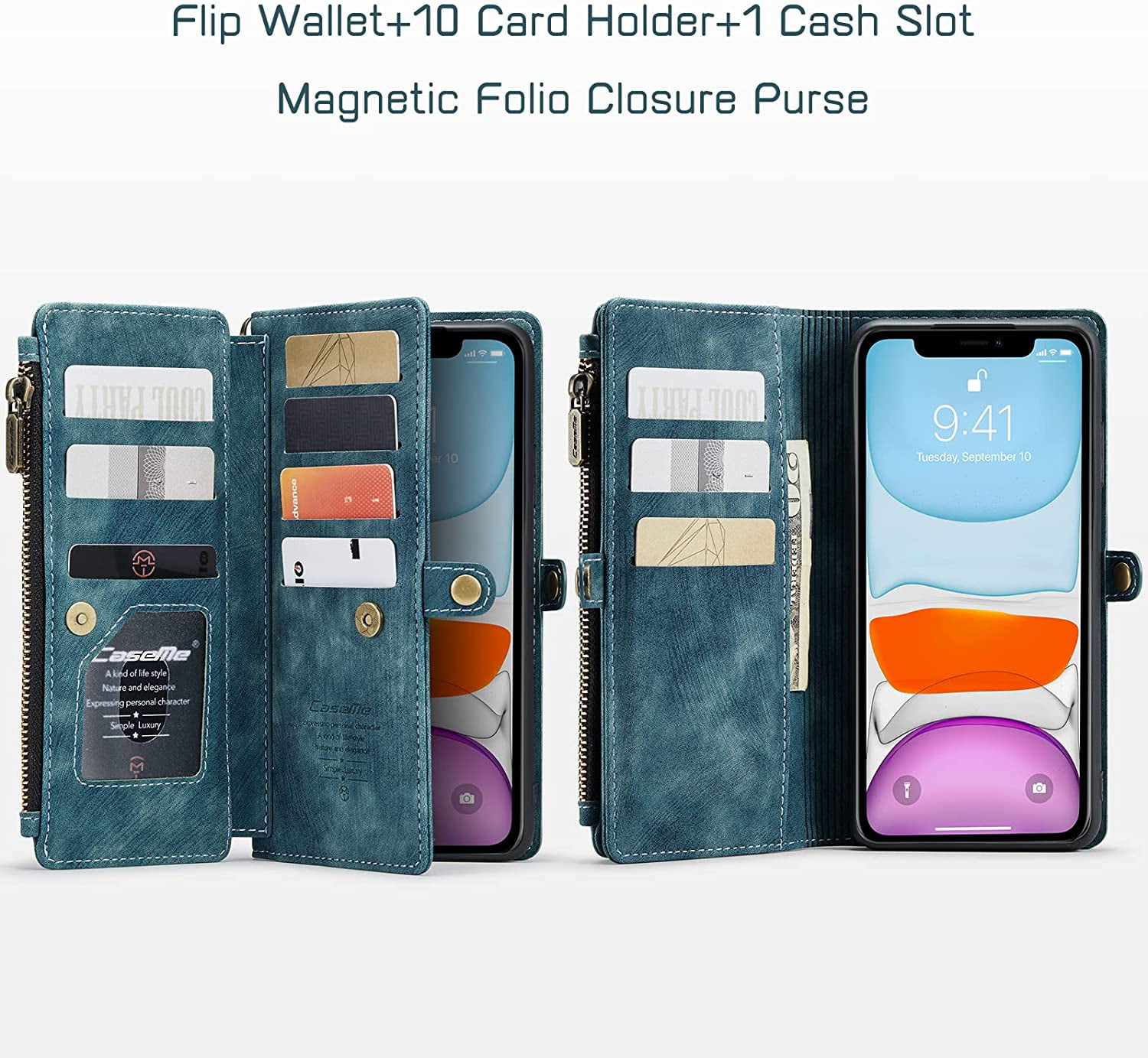 For iPhone 11 Case, iPhone 11 Wallet Case for Women Men, Durable PU Leather Magnetic Flip Lanyard Strap Wristlet Zipper Card Holder Wallet Phone Cases for iPhone 11 6.1-inch, Blue