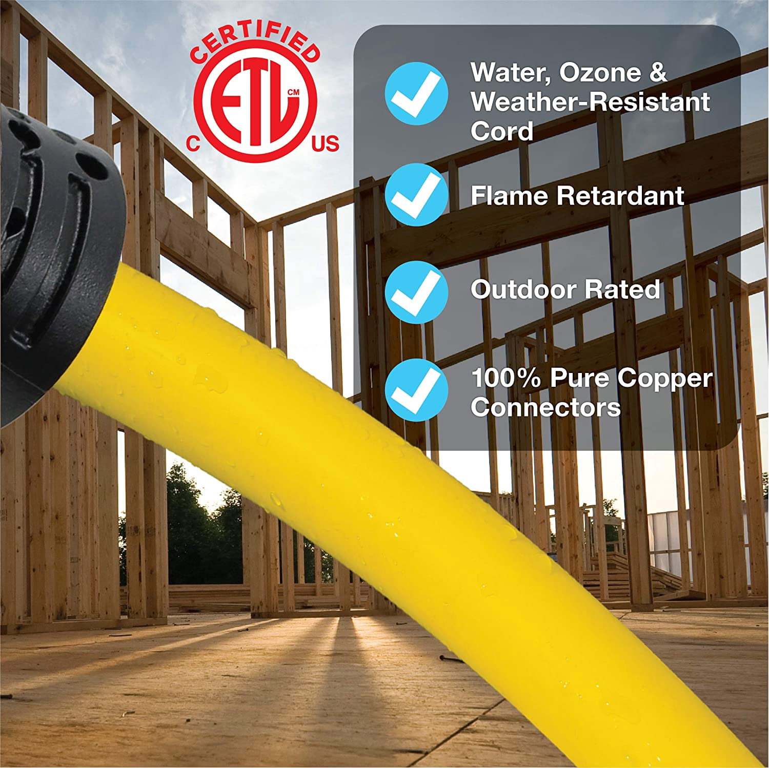 Clear Power 14/3 SJTW 25 ft 3-Outlet Heavy Duty Outdoor Extension Cord, Water, Weather Resistant & Flame Retardant, Yellow, CP10124