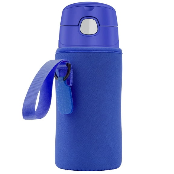 Linkidea Water Bottle Sleeve Compatible with Thermos FUNTAINER Tritan 16oz, Steel 12oz, Kids Bottle Holder Bag with Name Tag, Navy Blue