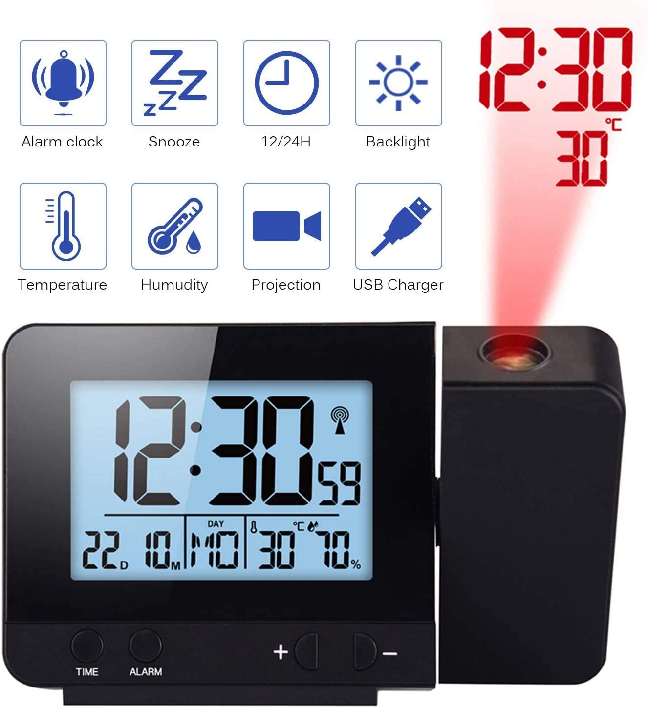 Projection Clock, Digital Alarm Clock, LED Display Projector Clock with Backlight Snooze Function, 2 Alarm Sounds (Black)