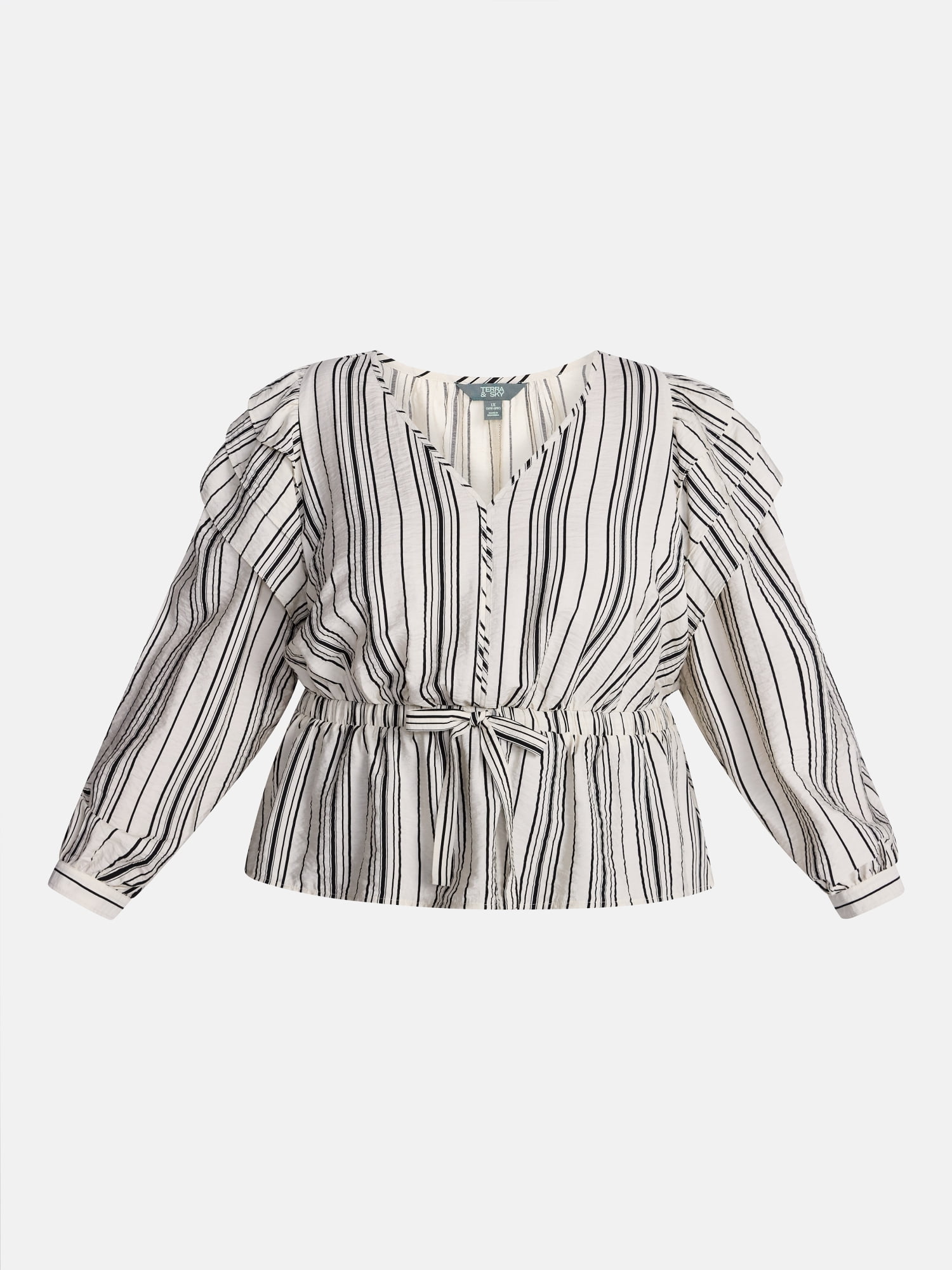 Terra & Sky Ruffled Shoulder Tie Waist Top with Long Puff Sleeves, Sizes 0X-5X