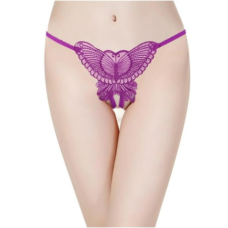 Audhol Cute Thong Women s Fashion Transparent Lace Butterfly Panties Thong Solid Color Womens G String Underwear Purple One Size