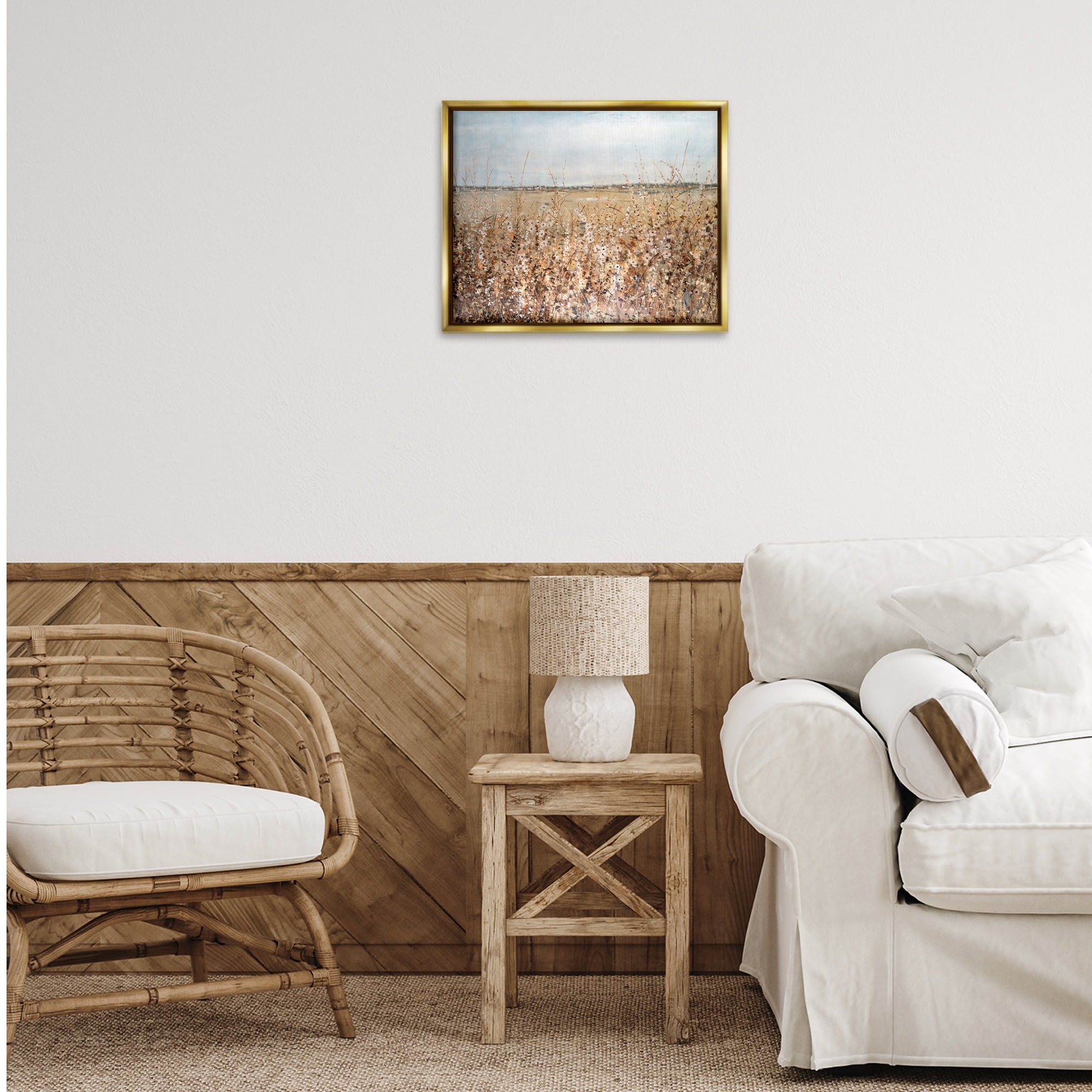 Stupell Industries Solemn Neutral Meadow Landscape & Nature Painting Gold Floater Framed Canvas Art Print Wall Art, 21 x 17