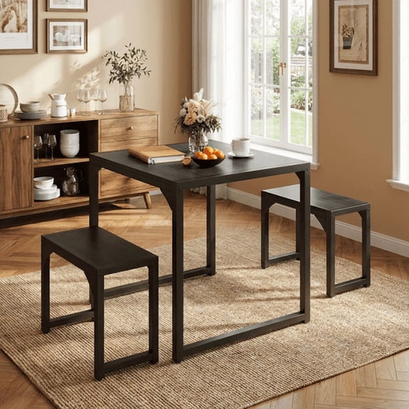 Aiho 25.6" Dining Table Set for 2, Kitchen Table with 2 Stools, Wood Dining Room Dinette Sets with Metal Frame for Breakfast Nook and Small Space - Black