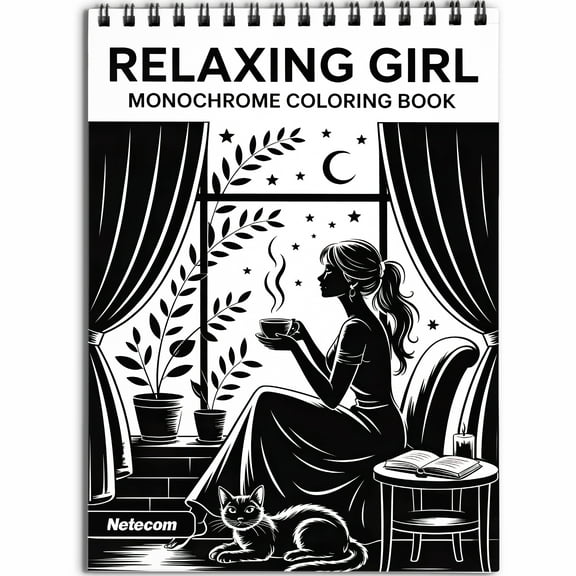 Relaxing Girl Monochrome Coloring Book Spiral Bound for Adults, Softcover, One-Color Illustrations with Daily Activities, Everyday Moments, Peaceful Scenes for Mindfulness, Stress Relief