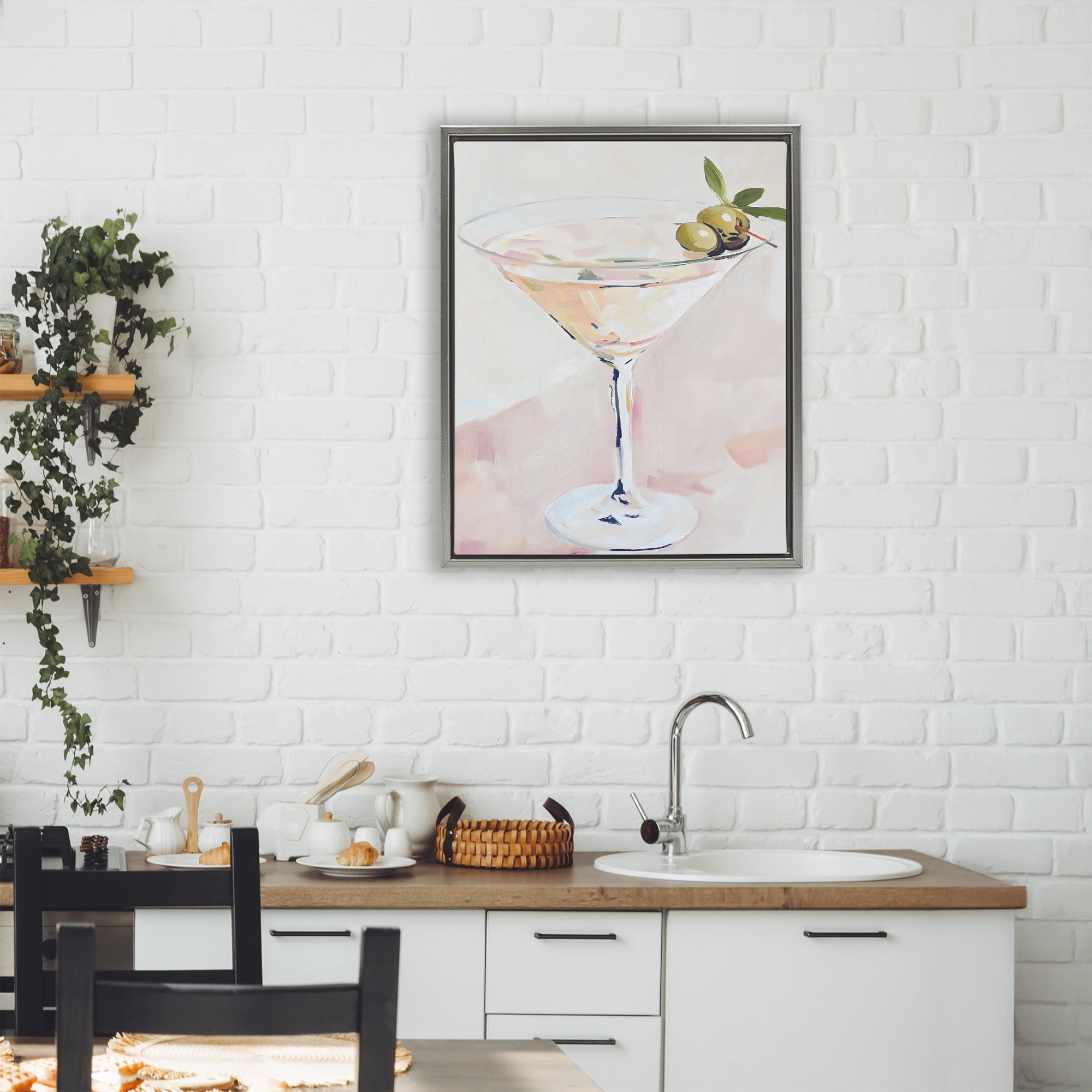 Stupell Industries Pastel Martini with Olive Garnish Gray Framed Floater Canvas Wall Art, design by The Prints Vibe