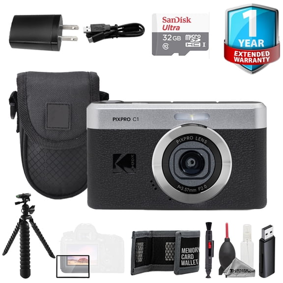 Kodak PIXPRO C1 Compact Digital Camera Black 32GB 1 Yr Warranty Tripod- Value Kit