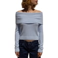 thumbnail image 1 of Gupgi Womens Off Shoulder Sweater Solid Long Sleeve Fold Over Crop Knit Tops Casual Fall Sweater, 1 of 7
