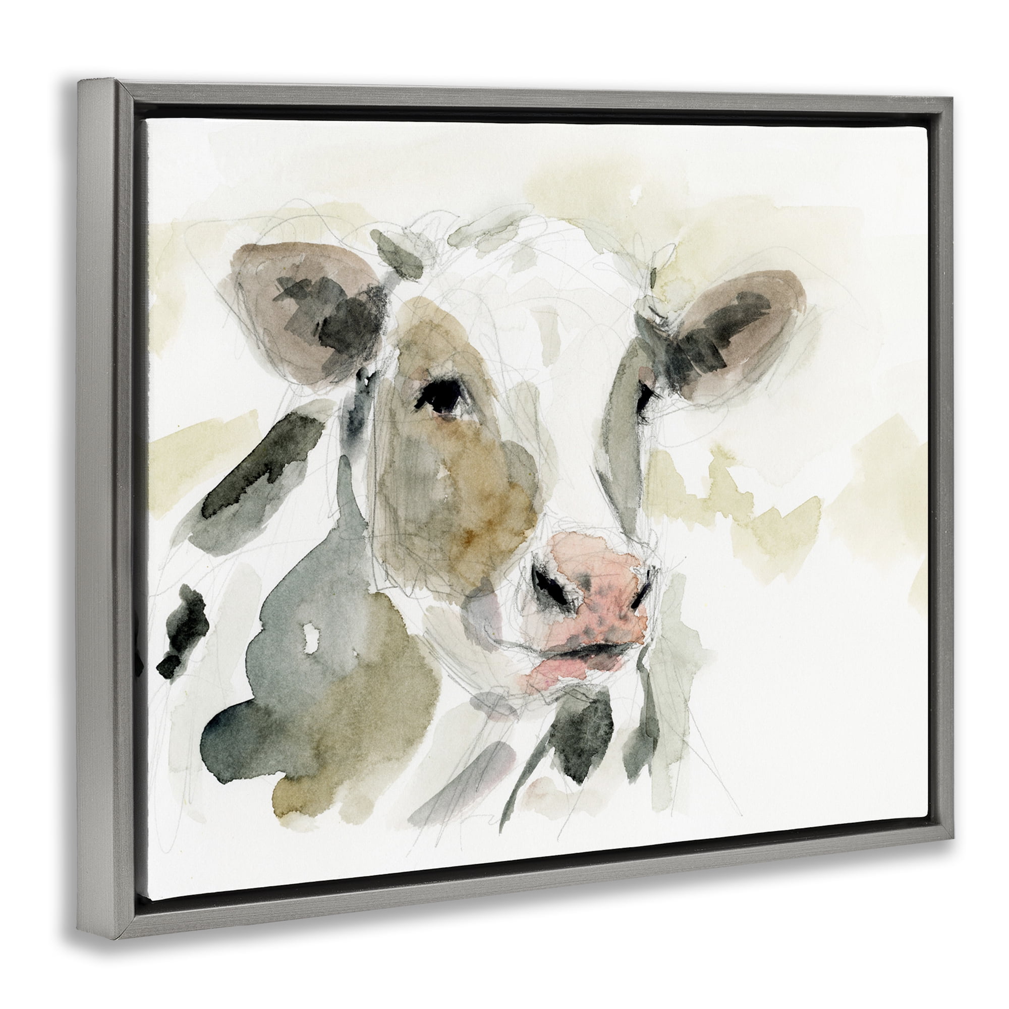 Stupell Industries Soft Watercolor Cow Animals & Insects Painting Gray Floater Framed Canvas Art Print Wall Art, 31 x 25