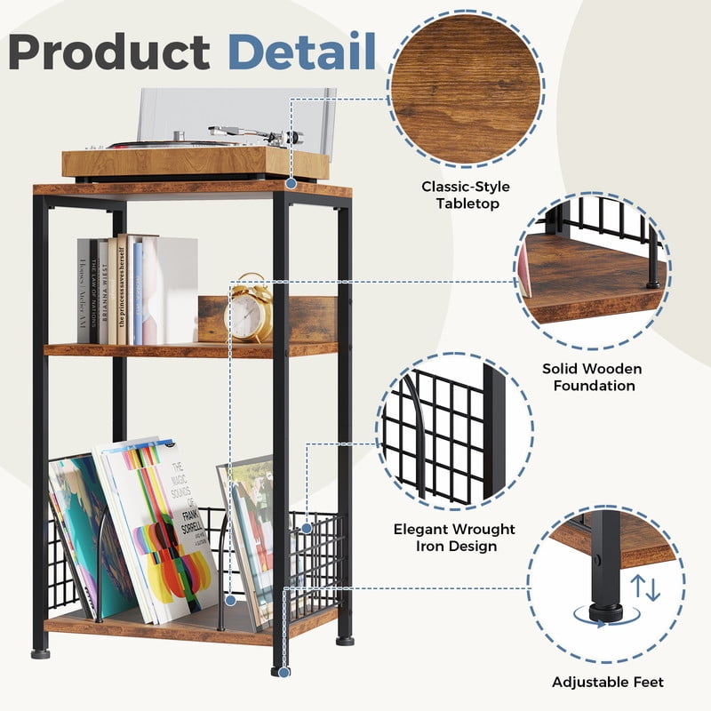 Gianna Record Player Stand, 3 Tier Turntable Table with Vinyl Storage for up to 100 Albums, End Side Table for Living Room，Brown
