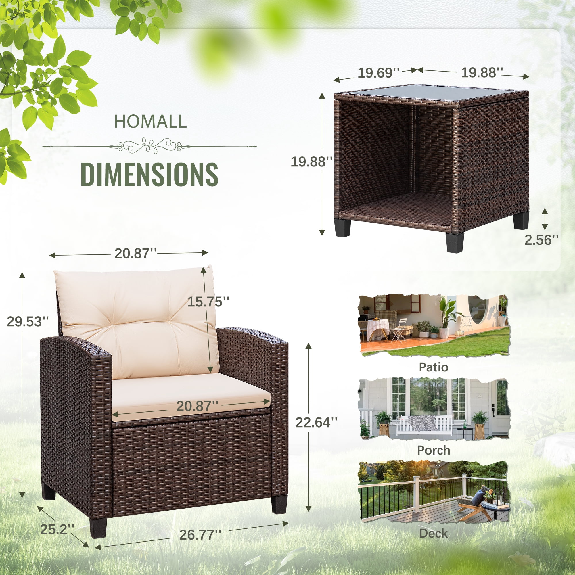 Homall 3 Piece Patio Furniture Set, Outdoor Rattan Chair with Cushion and Coffee Table, Patio Bistro Set for Balcony, Garden, Porch, Beige