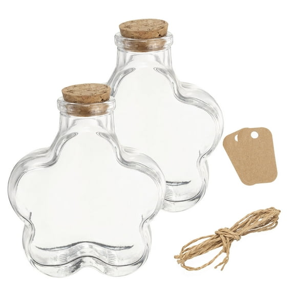 2 Pcs 11.4 oz/380ML Flower Shaped Clear Glass Jars with Cork Lid with Twine and Blank Tags for Halloween Decorations