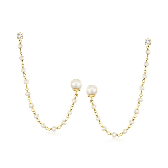 Ross-Simons 3-7.5mm Cultured Pearl and .40 ct. t.w. CZ Double-Piercing Earrings in 18kt Gold Over Sterling, Women's, Adult