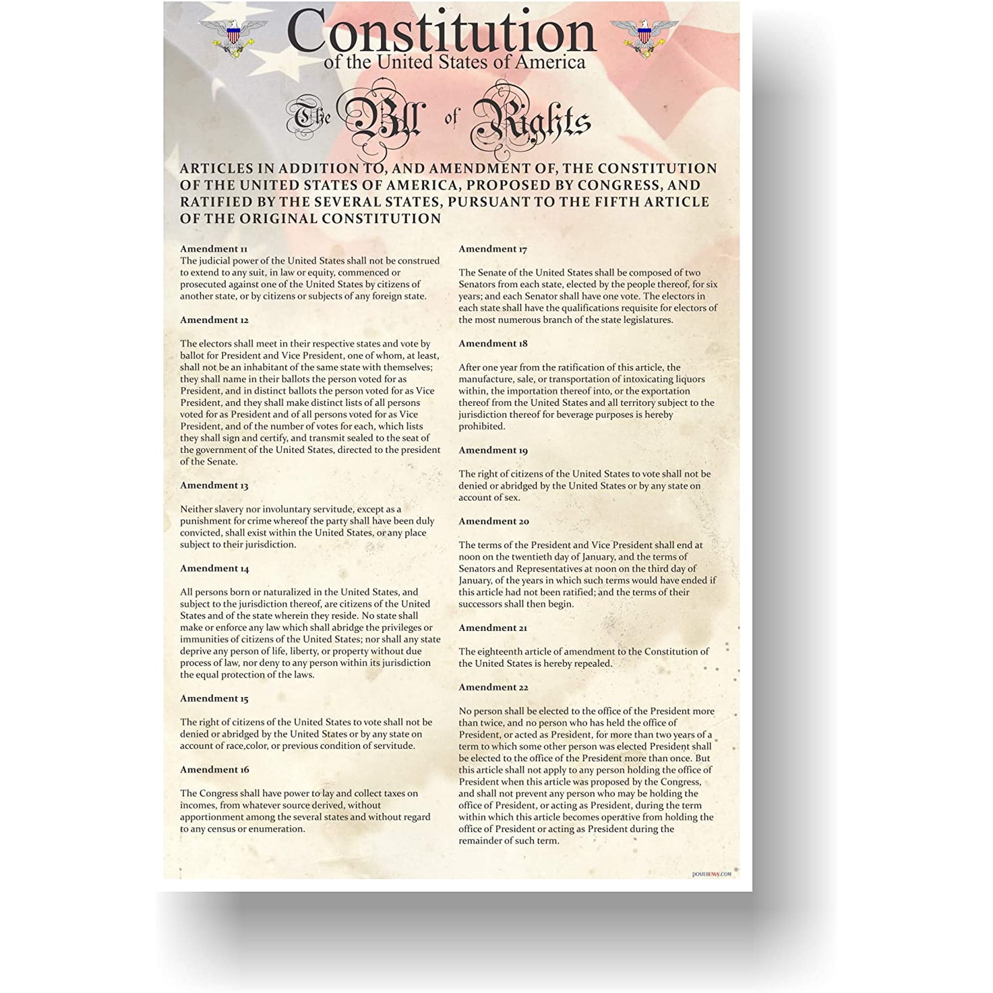 The U.S. Constitution - The Bill of Rights Amendments 11-22 - US History Government Classroom School Poster