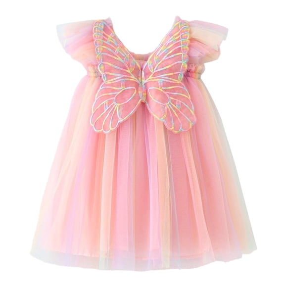MEZZALL Infants Girls Fly Sleeve Butterfly With Wing Tie Dye Rainbow Tulle Holiday Dress Dance Party Dresses Sundress Comfort Sundress, Pink, 12-18 Months