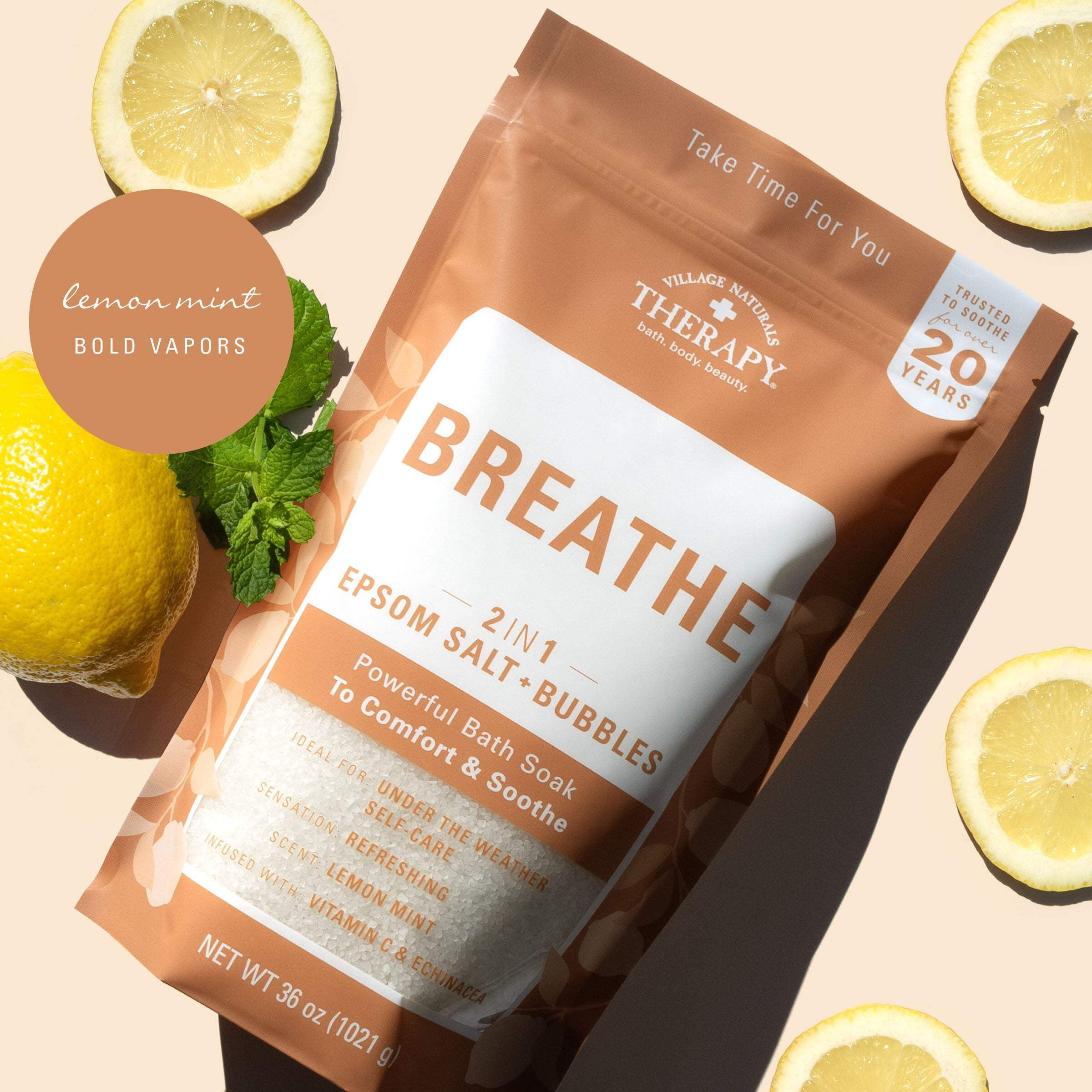 (2 pack) Village Naturals Therapy Breathe 2in1 Foaming Epsom Bath Soak, Echinacea, Ginger & Ginseng