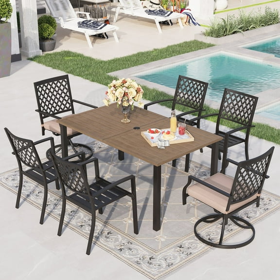 Sophia & William 7-Piece Outdoor Patio Dining Set Teak-grain Table and Chairs Metal Furniture Set