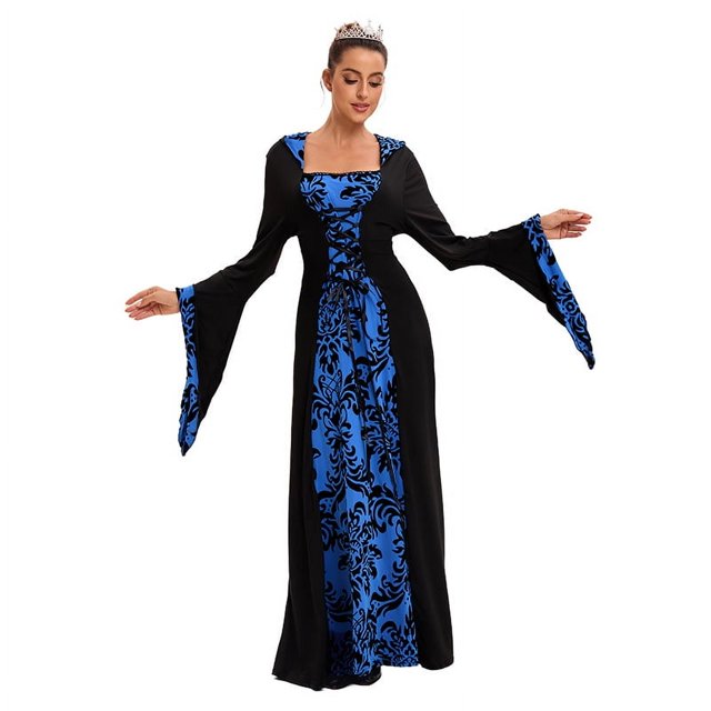 Vestido retro medieval artístico de manga larga con cordones en la cintura y capucha, estampado de corte
