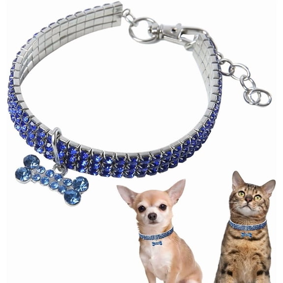 Bling Dog Collar for Small Dogs, Rhinestone Cat Necklace Diamond Puppy Jewelry Crystal Pet Glitter Chain Jewel Bone Pendant, Blue XXSmall