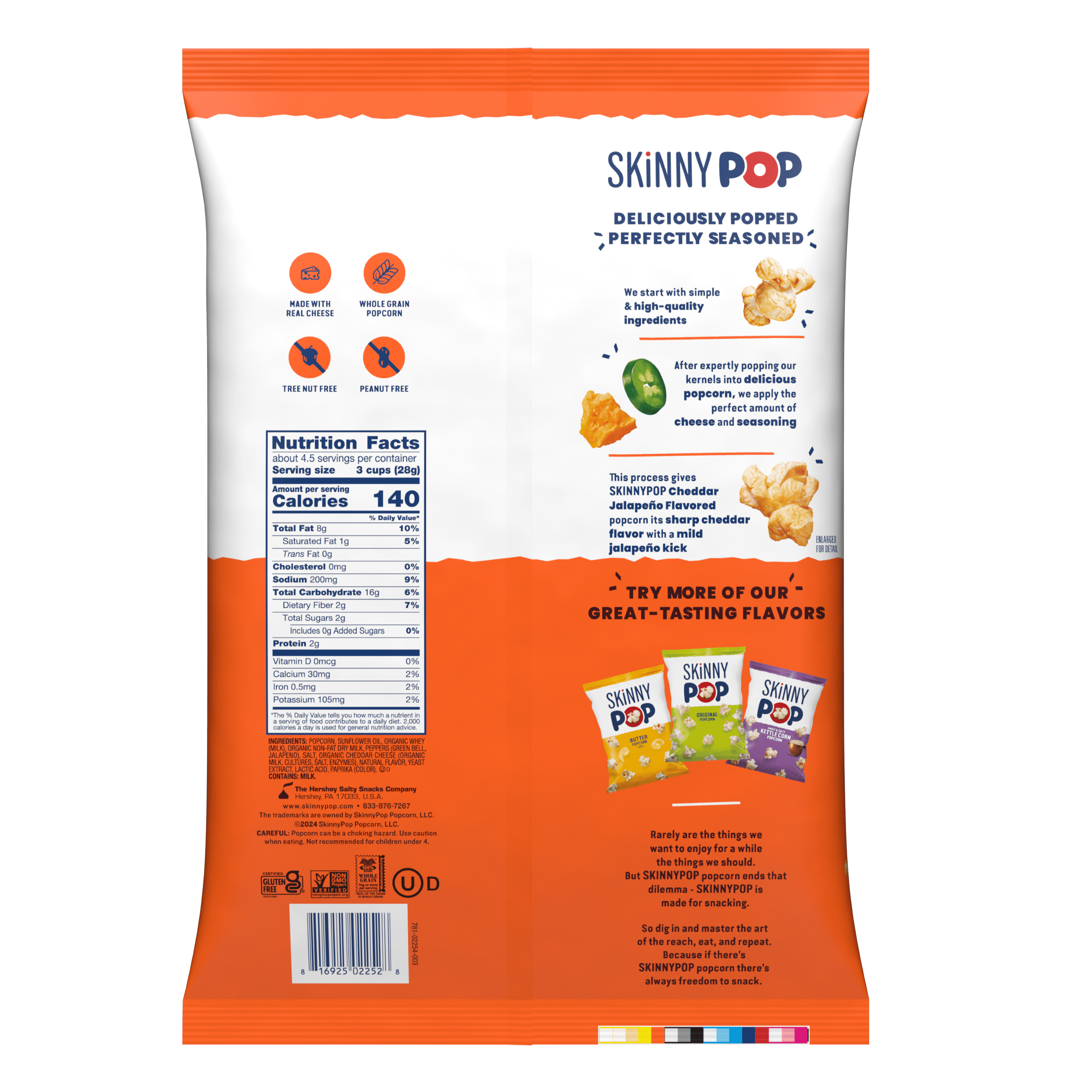 (6 pack) Skinnypop Gluten Free Cheddar Jalapeno, 4.4 oz Sharing Size Bag, Skinny Pop, Healthy Popcorn Snacks