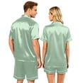 thumbnail image 4 of Garbnen Silk Matching Pajama Set for Couples 2 Piece Short Sleeve Button Down Sleepwear Pjs Shorts Set Satin Women Loungewear Set Green XXXL, 4 of 8