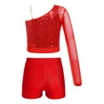 thumbnail image 2 of Doomiva Kids Girls Hip Hop Jazz Dance Outfits Sequins Mesh Long Sleeve One Shoulder Crop Top and Booty Shorts Set Red 14, 2 of 7