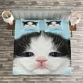 thumbnail image 3 of Ambesonne Cartoon Quilted Bedspread Set 3 Pcs, Furry Pink Nose Kitten, Queen Size, Black White Blue, 3 of 3