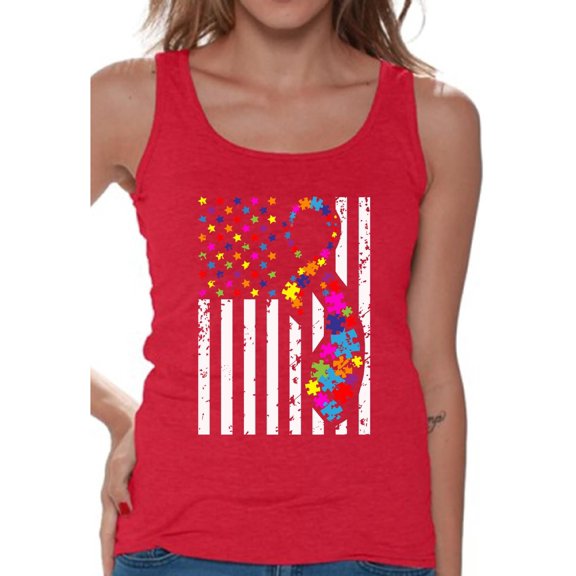 Awkward Styles USA Flag Autism Tank Top for Women Autism Awareness Ribbon Tank Top American Flag Colorful Women's Tank Top Support Autism Awareness Tanks for Women Autistic Spectrum Awareness Tank Top