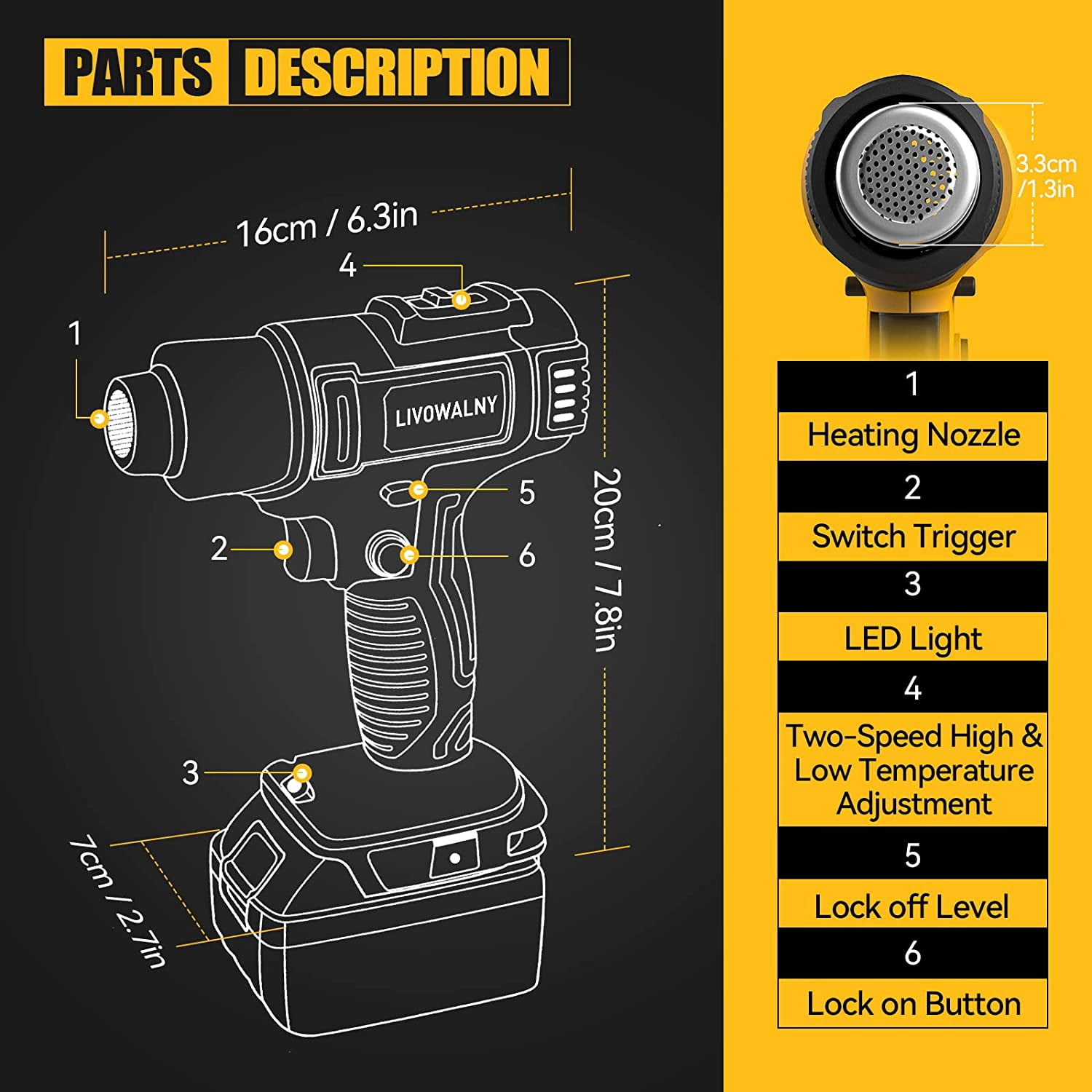 Ecarke Cordless Heat Gun Hot Air Machine Lithium Rechargeable Heating for Dewalt (Tool Only)